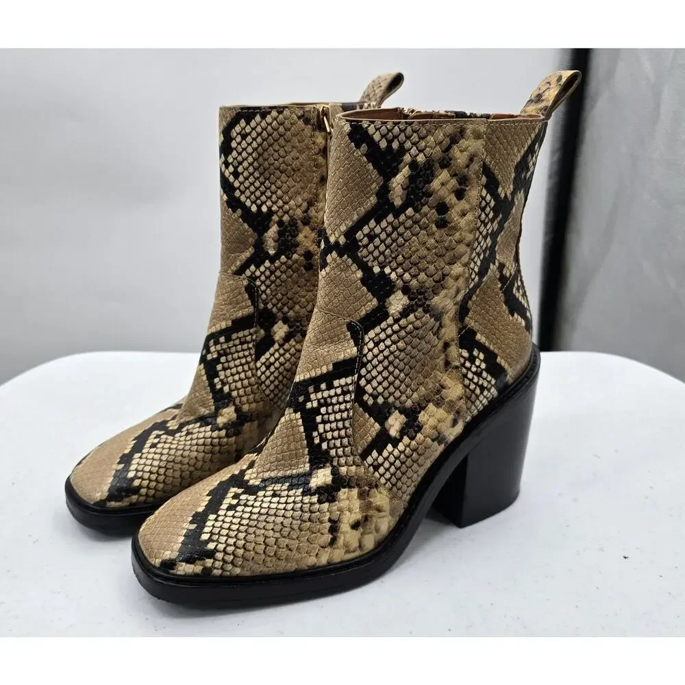 Tory Burch Boots Womens Size 9 Brown Snake Leather Ankle Block Heel Booties